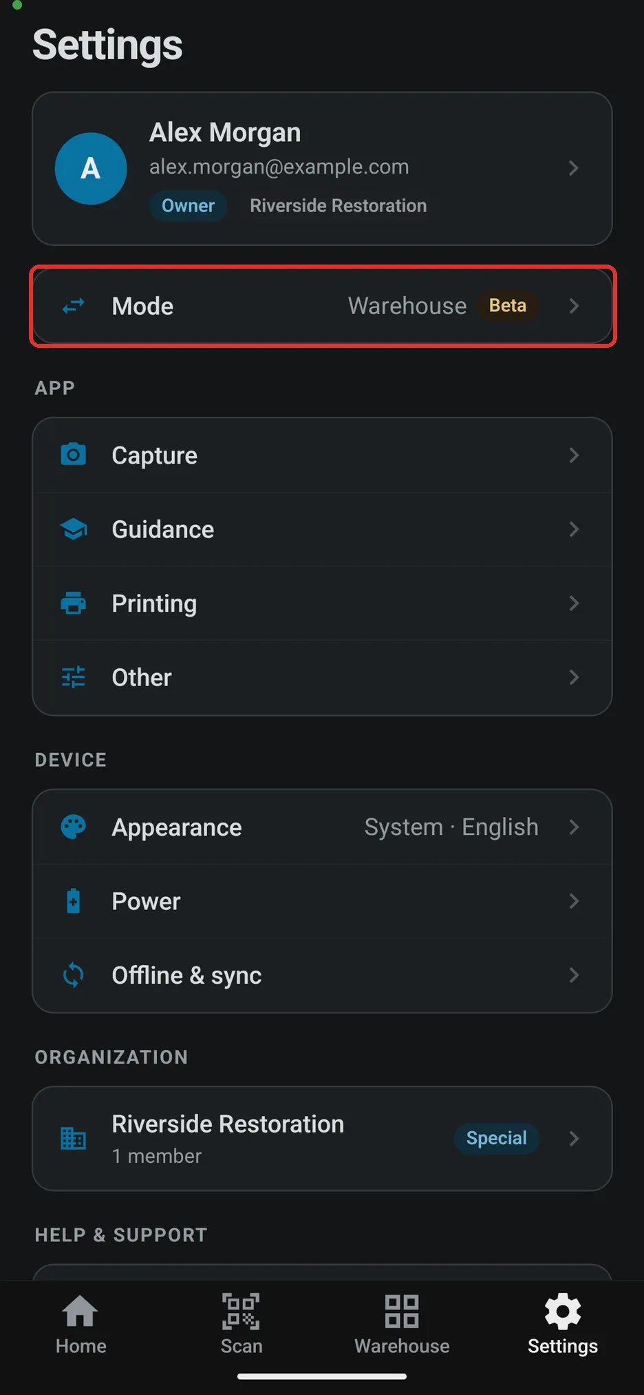 App Settings with the Mode selector set to Warehouse