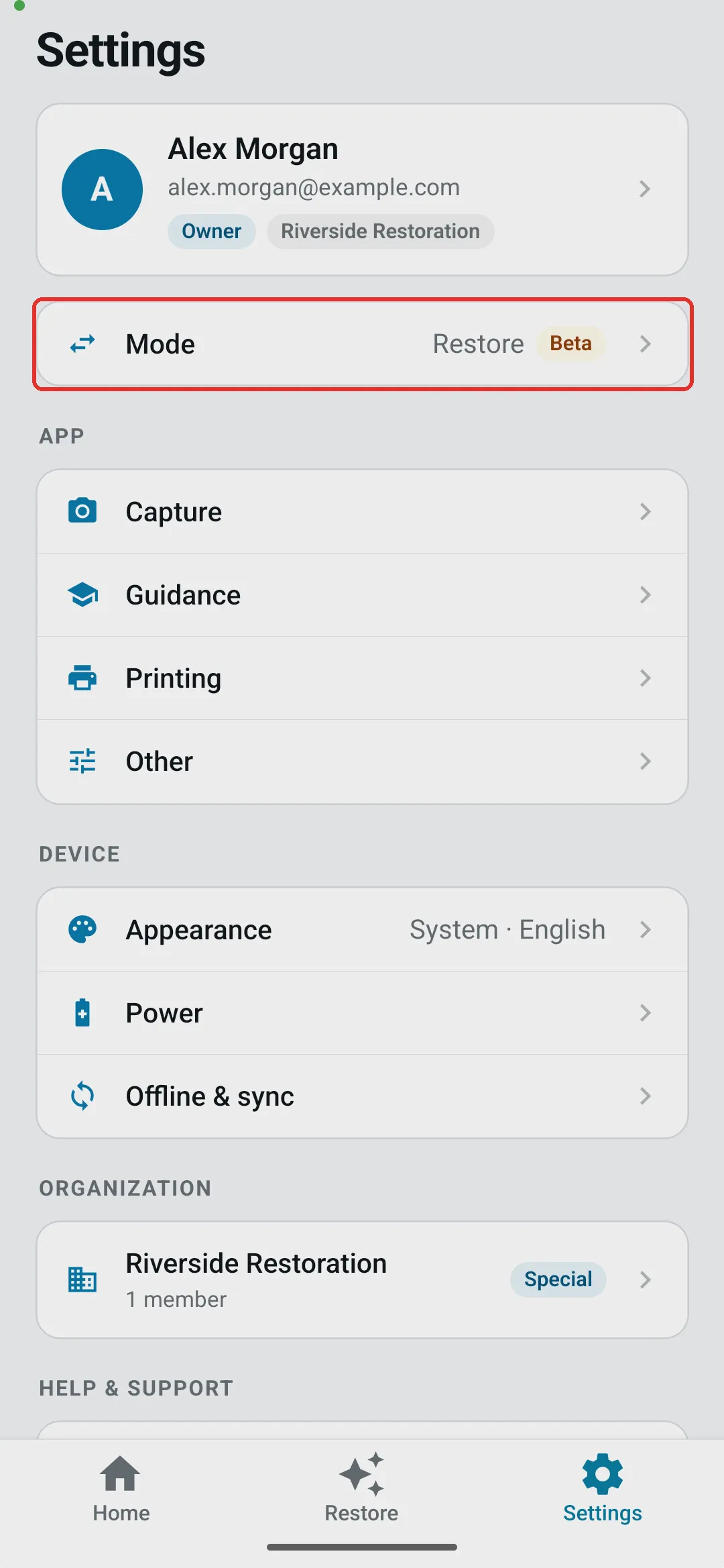 App Settings with the Mode selector set to Restore