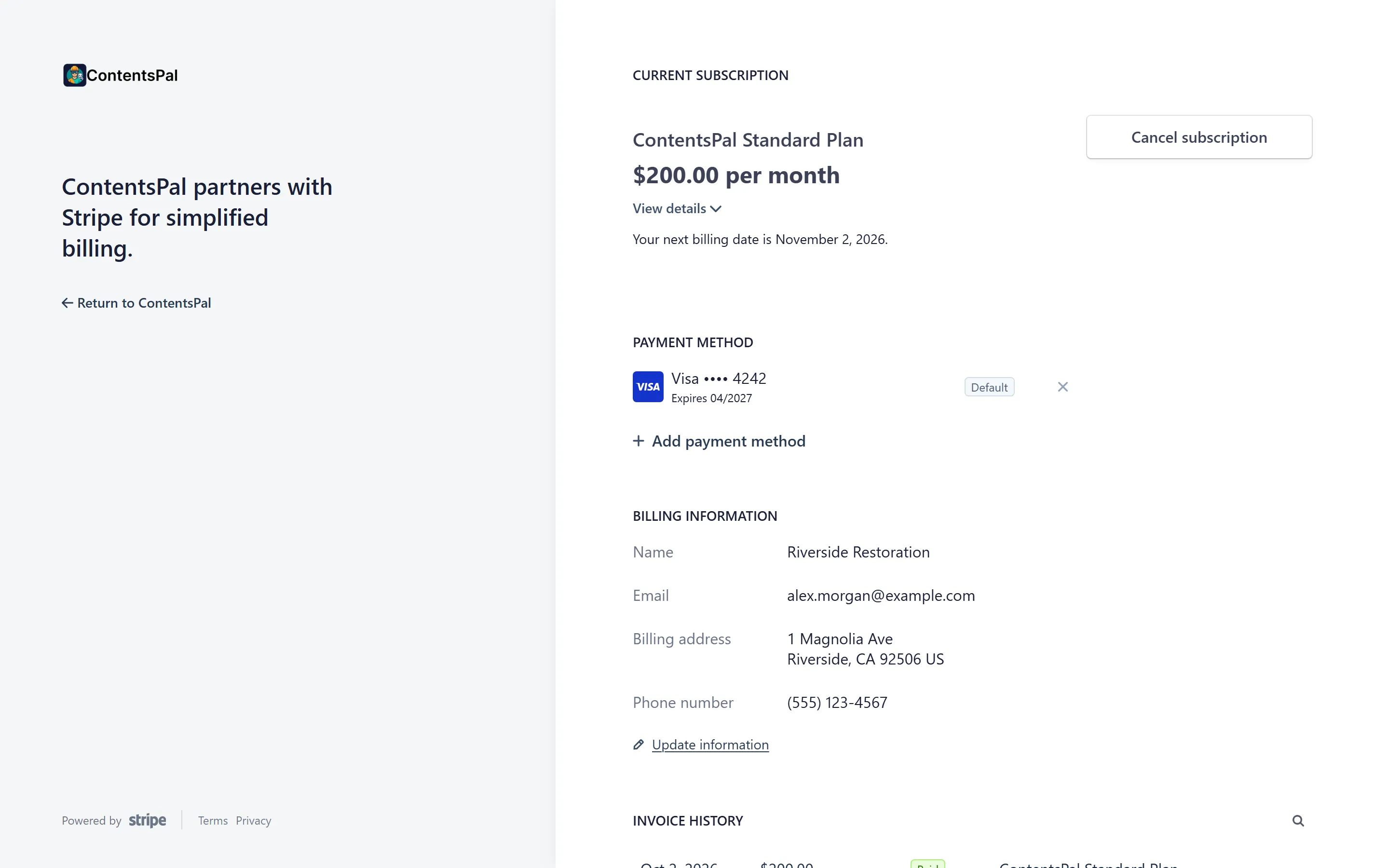 The billing page: current subscription with Cancel subscription, payment method, billing information and invoice history