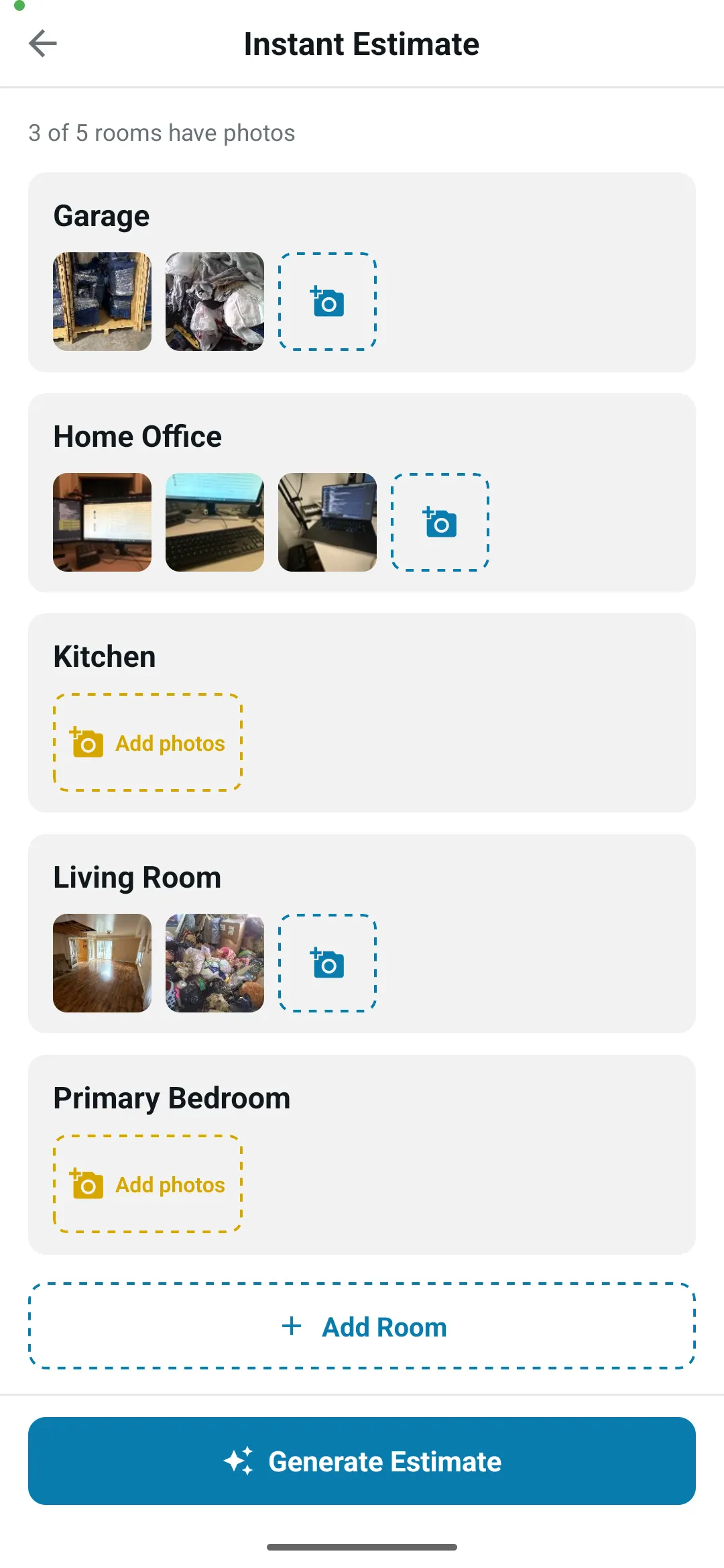 Instant Estimate screen with room photos and the Generate Estimate button