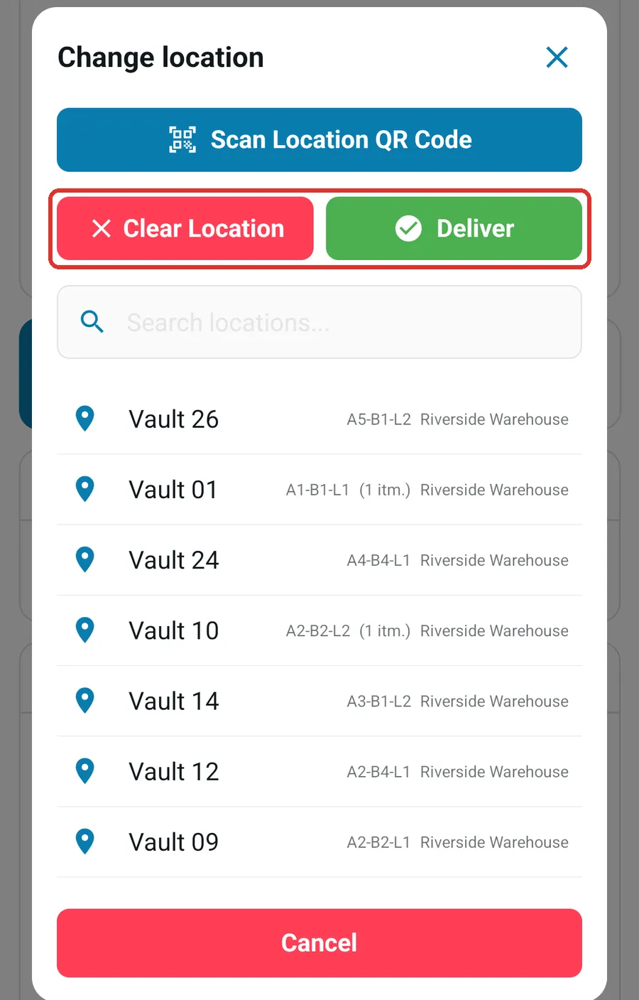 The Change location sheet with the Deliver button