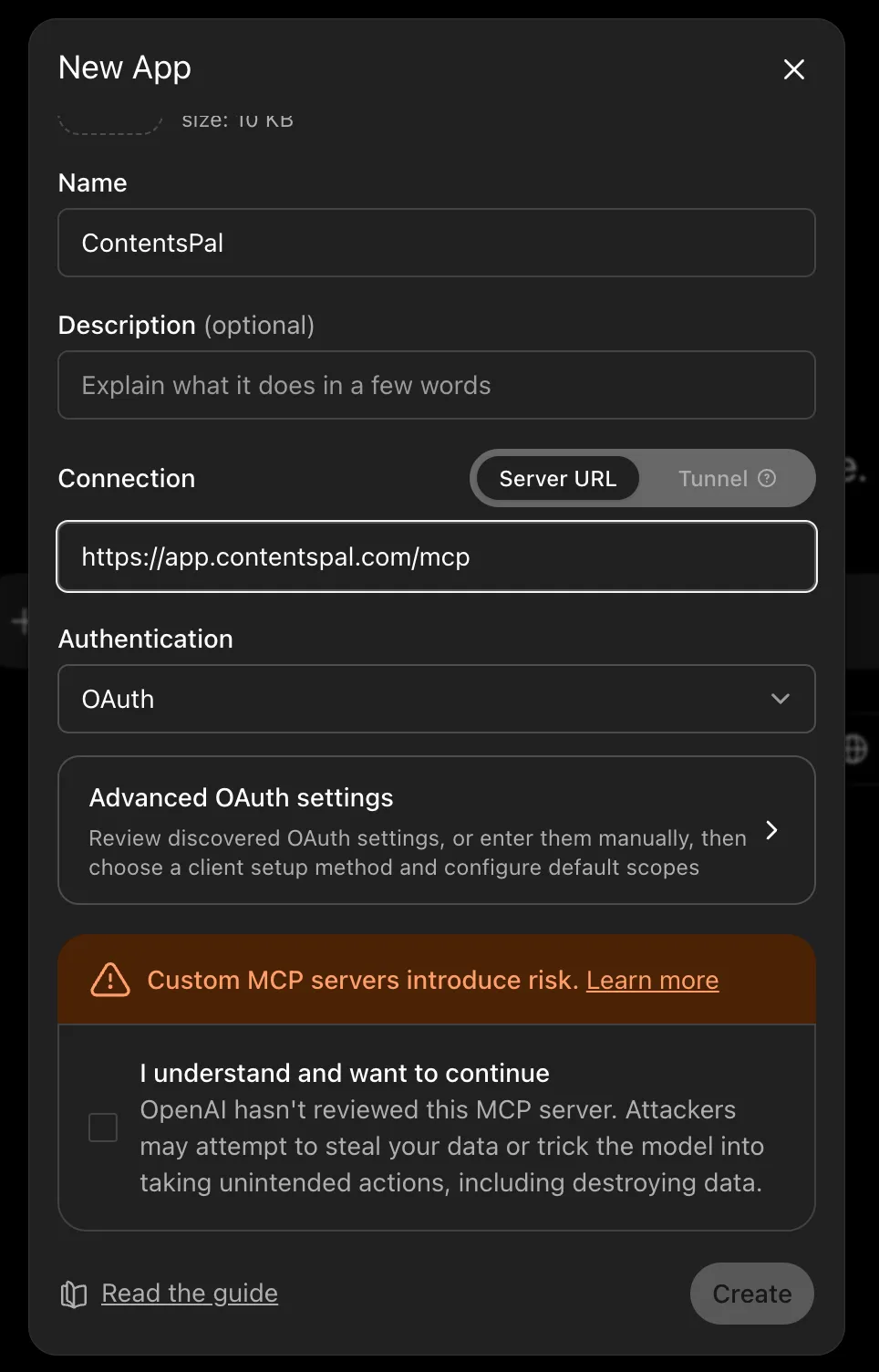 Pasting your ContentsPal MCP server URL into ChatGPT