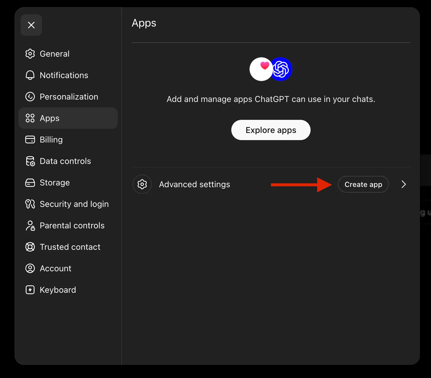 Clicking Create App in ChatGPT Apps settings
