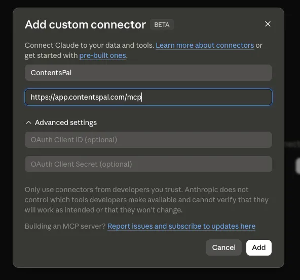 Adding a custom connector in Claude with the ContentsPal MCP URL
