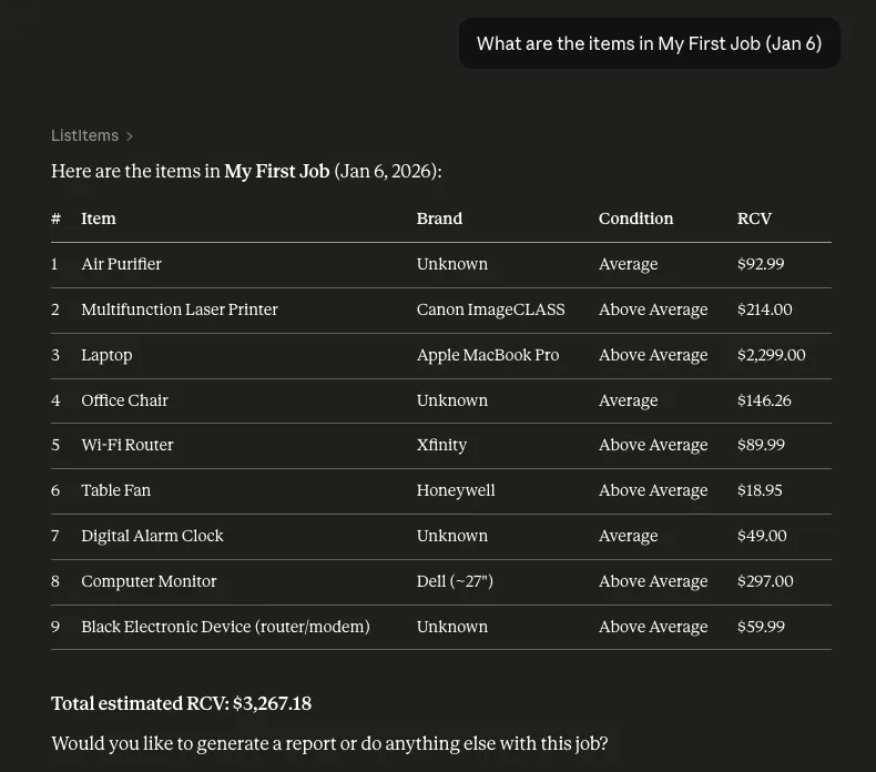 Claude showing job data pulled directly from ContentsPal