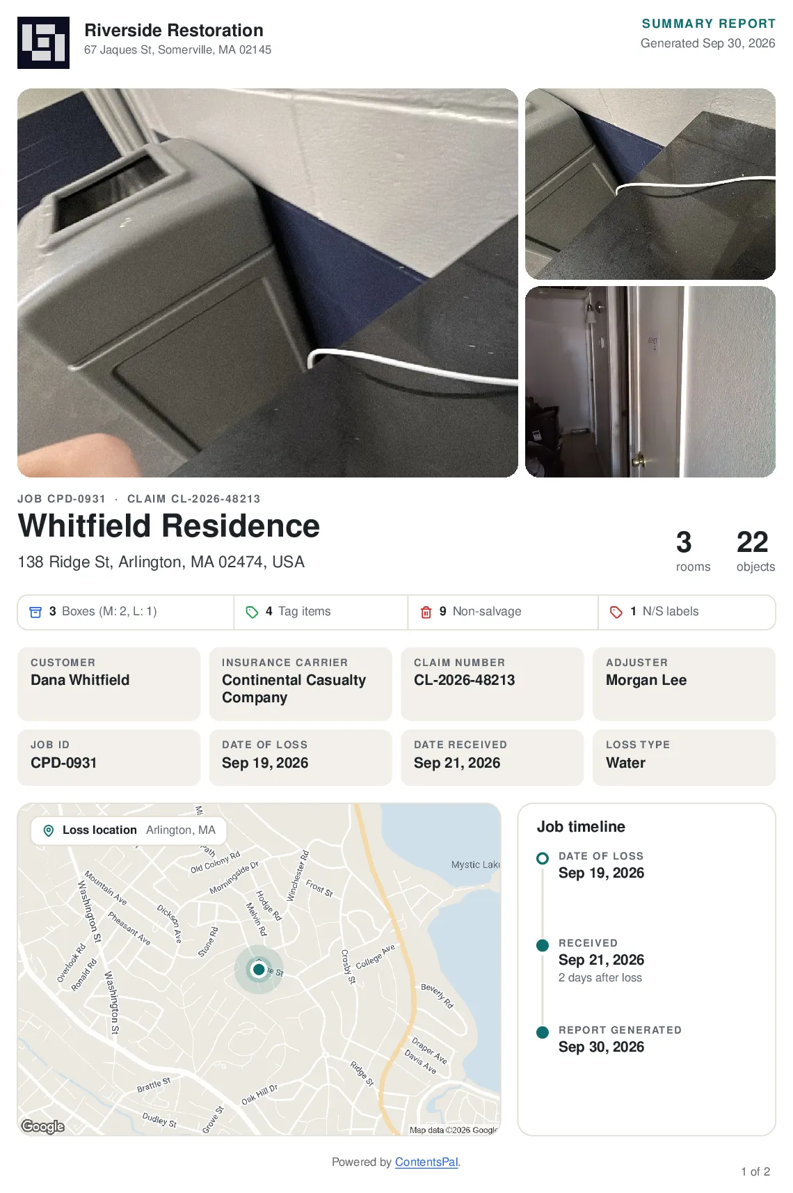 A report cover page with job photos, claim details, a loss-location map and the job timeline