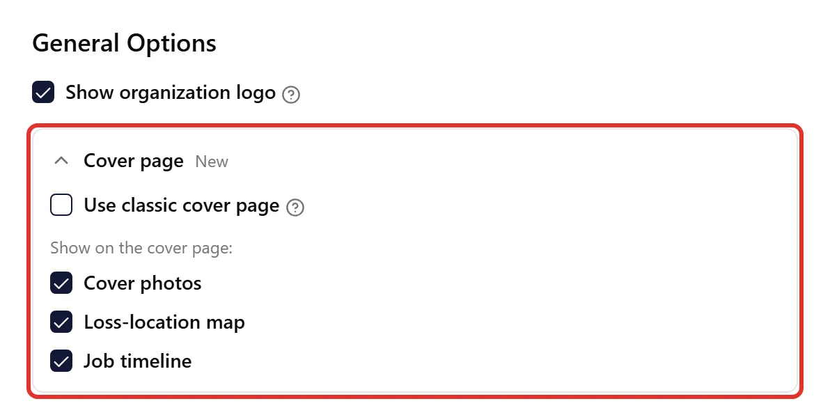 The Cover page section of the report options, with the three section checkboxes
