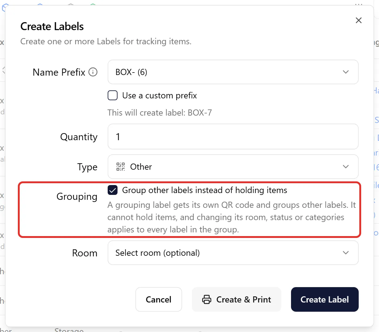 Create Labels dialog with Grouping ticked