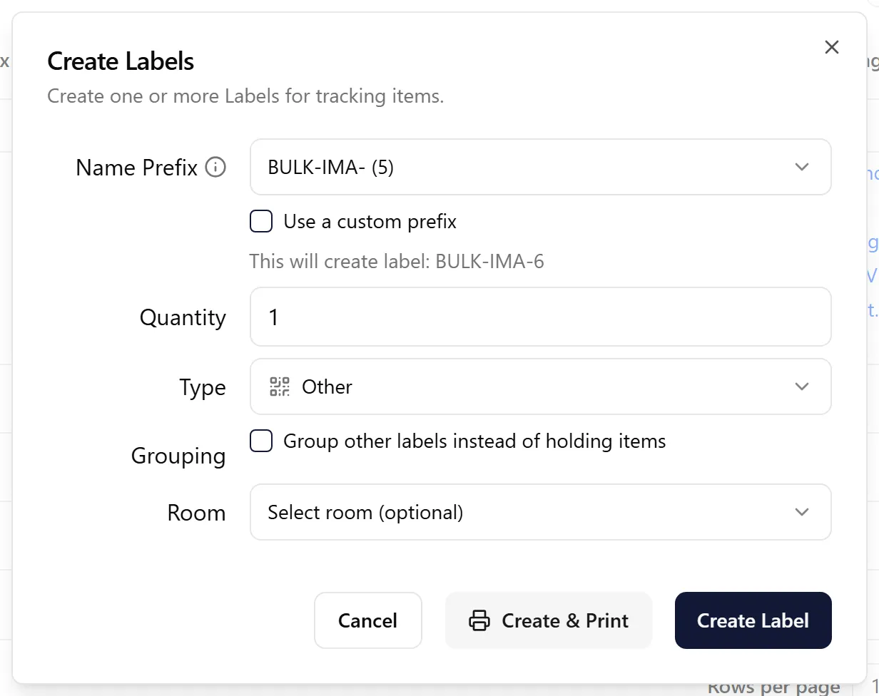 The Create Labels dialog with the Create & Print button