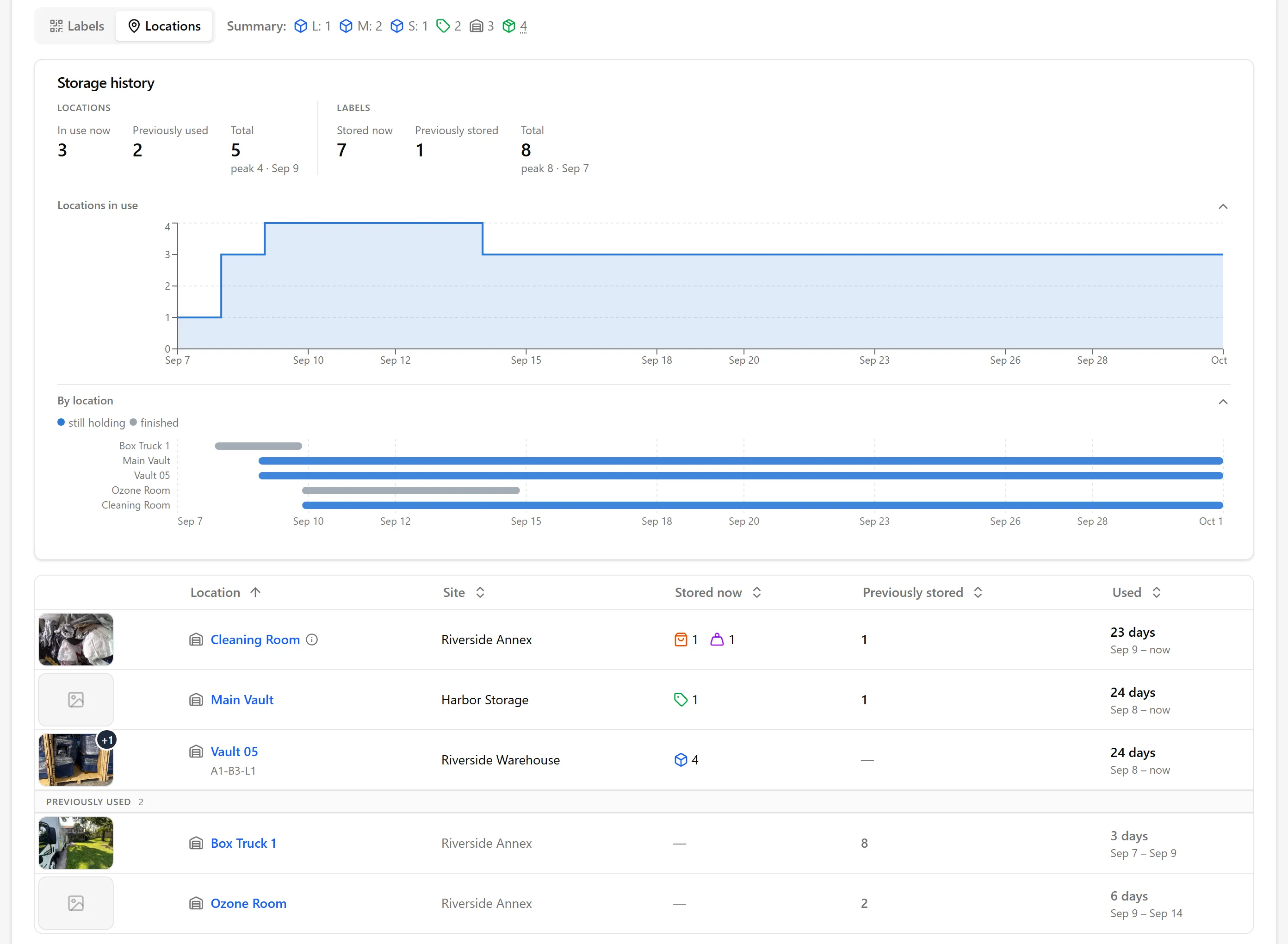 A job’s Custody tab in the Locations view, with its storage history