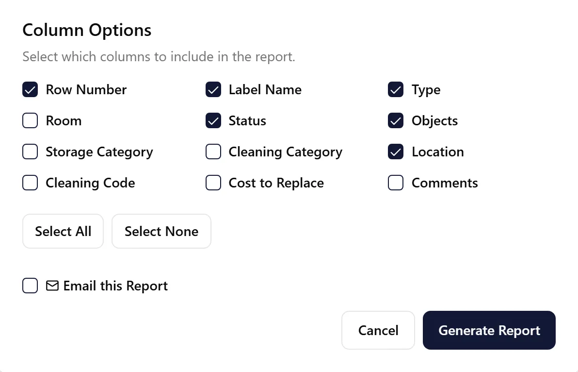Custody Report Column Options