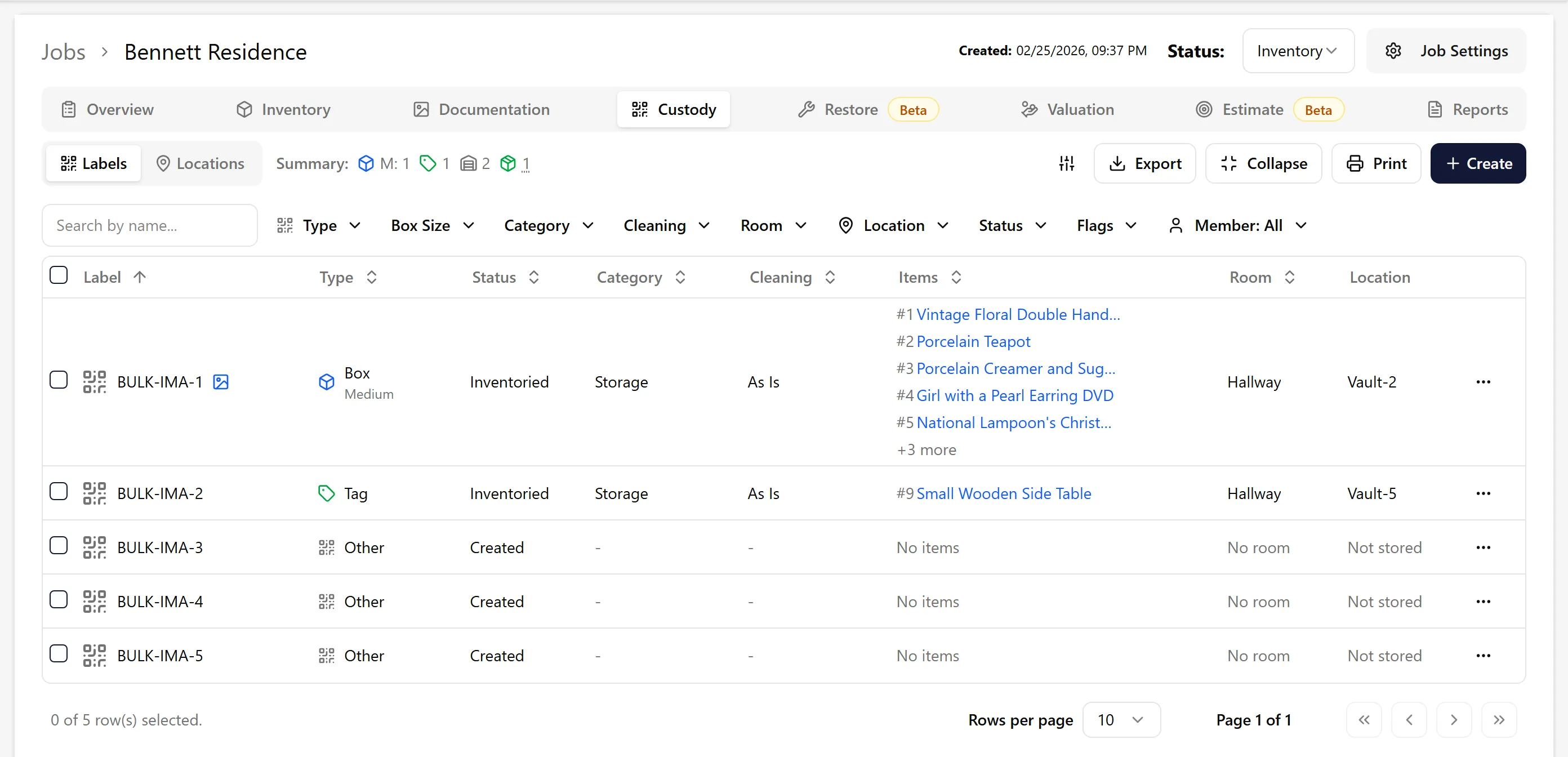 Custody tab overview with labels and items