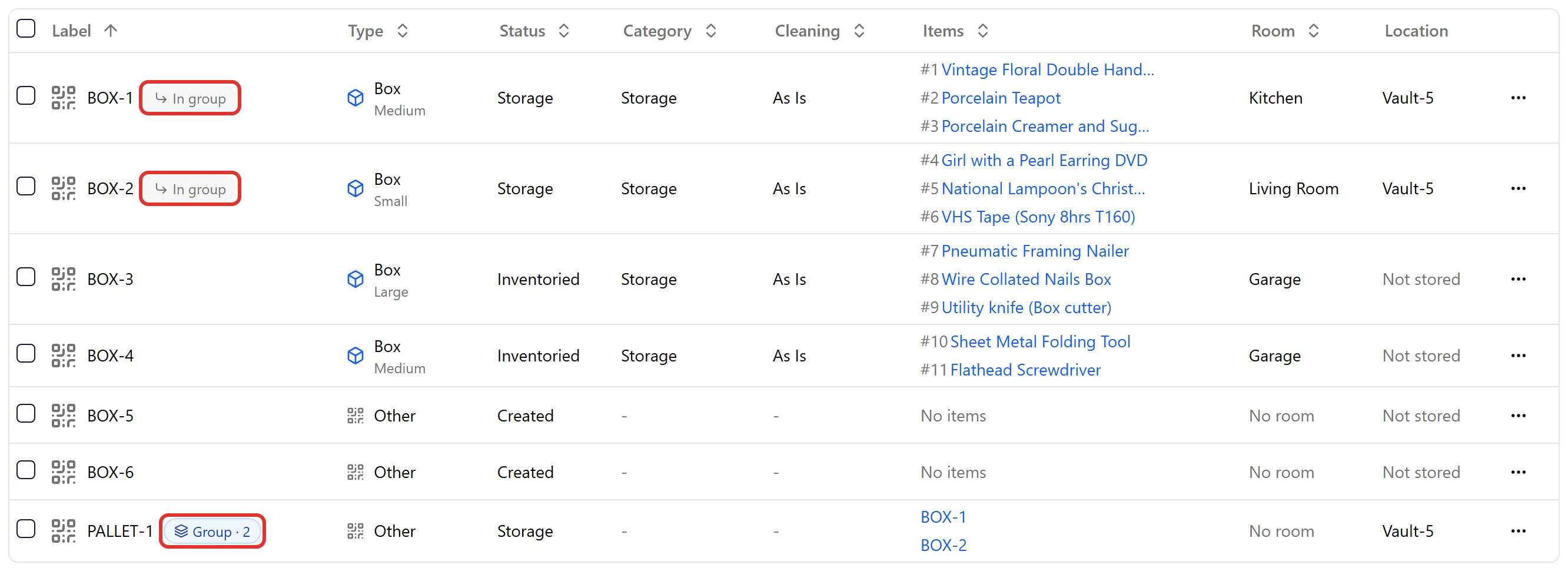Custody table with a grouping label and its grouped labels