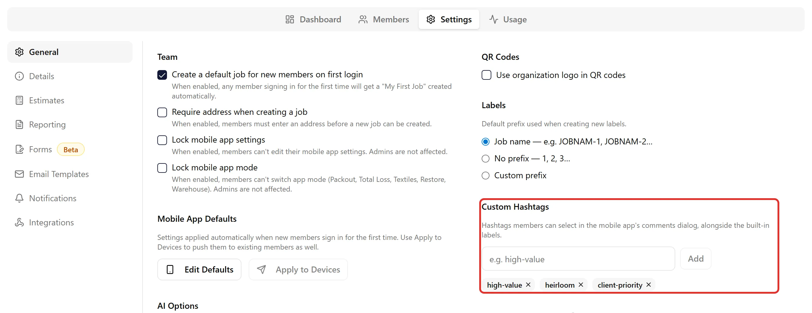 The Custom Hashtags section in Organization Settings