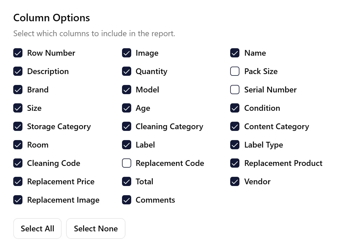 Custom Inventory Report column selection interface