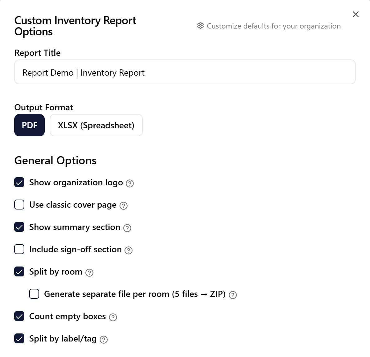 Custom Inventory Report Options