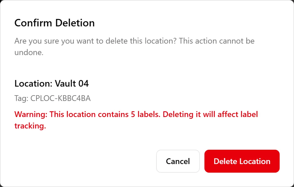 The Confirm Deletion dialog warning that the location holds labels