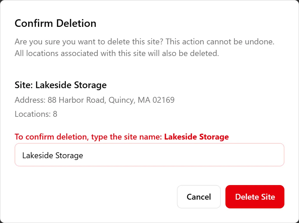 The Confirm Deletion dialog for a site, with the site name typed to confirm