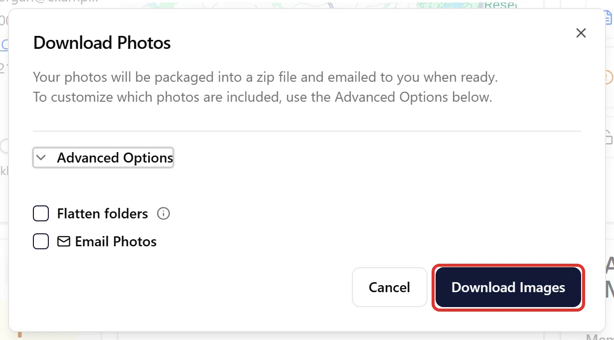 Download Photos dialog with the Download Images button highlighted