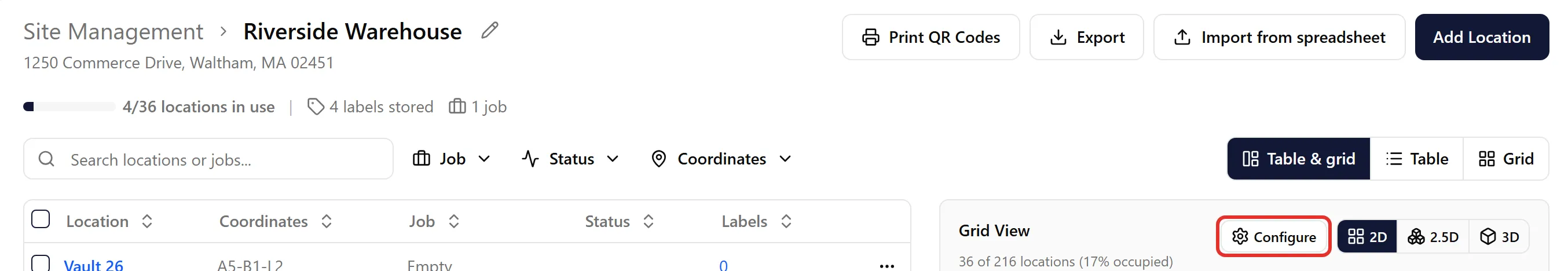 The Configure button at the top of a site’s grid