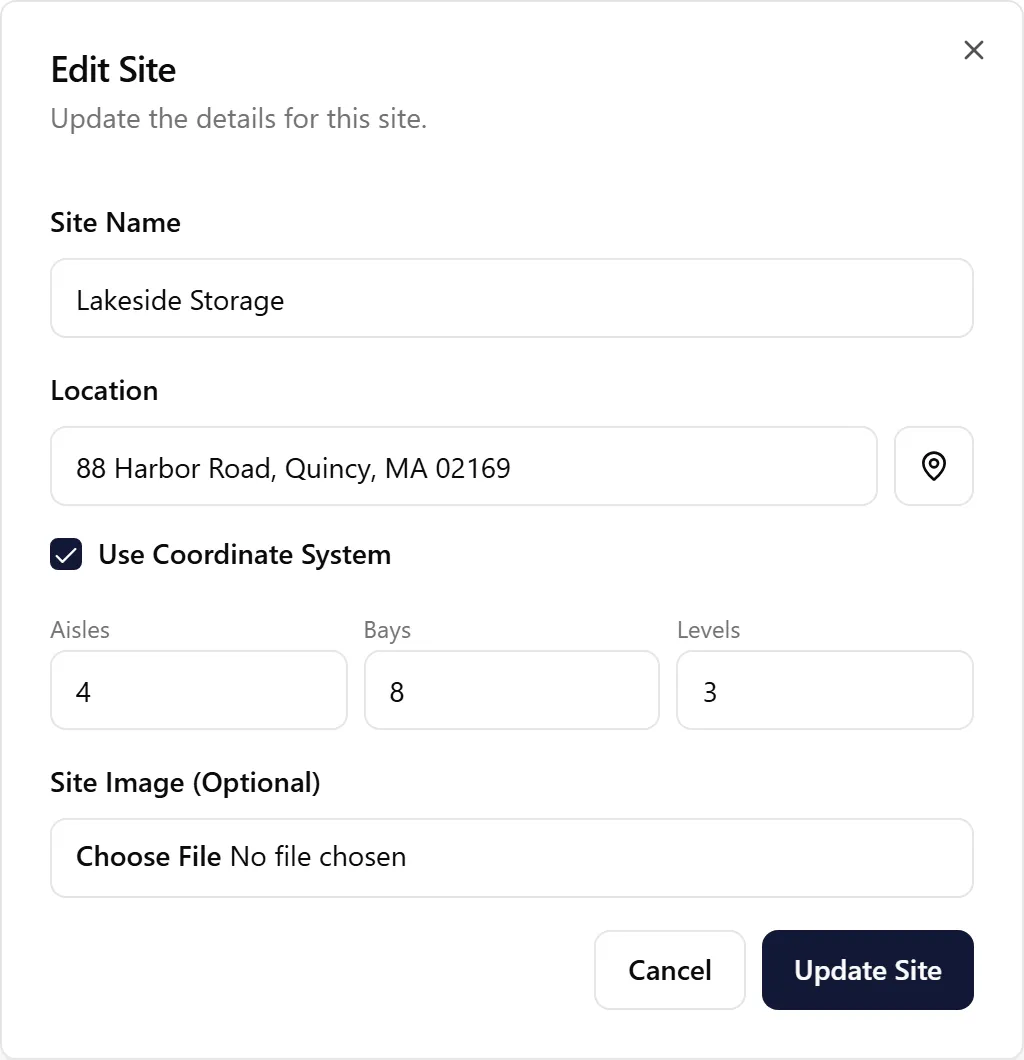 The Edit Site dialog with the site name, address, coordinate system, grid size and site image