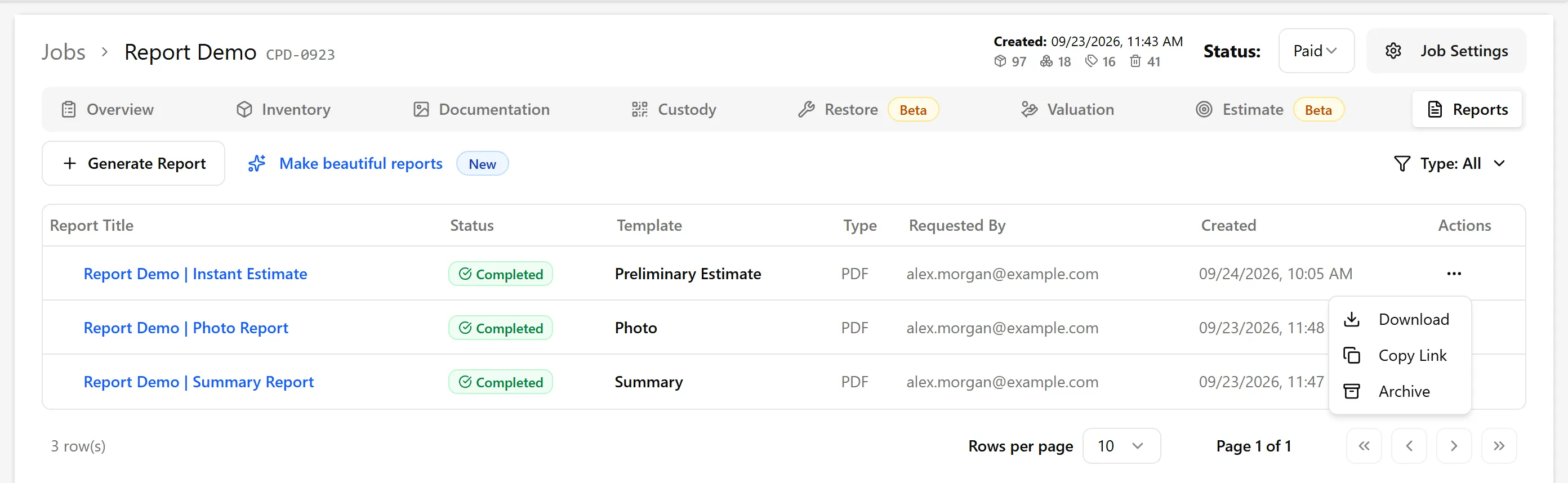 Instant Estimate report on the web Reports tab