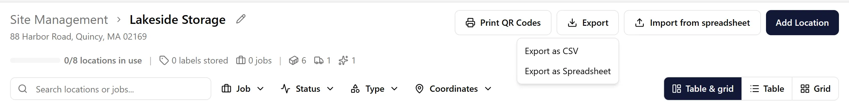 The Export menu on a site, with Export as CSV and Export as Spreadsheet