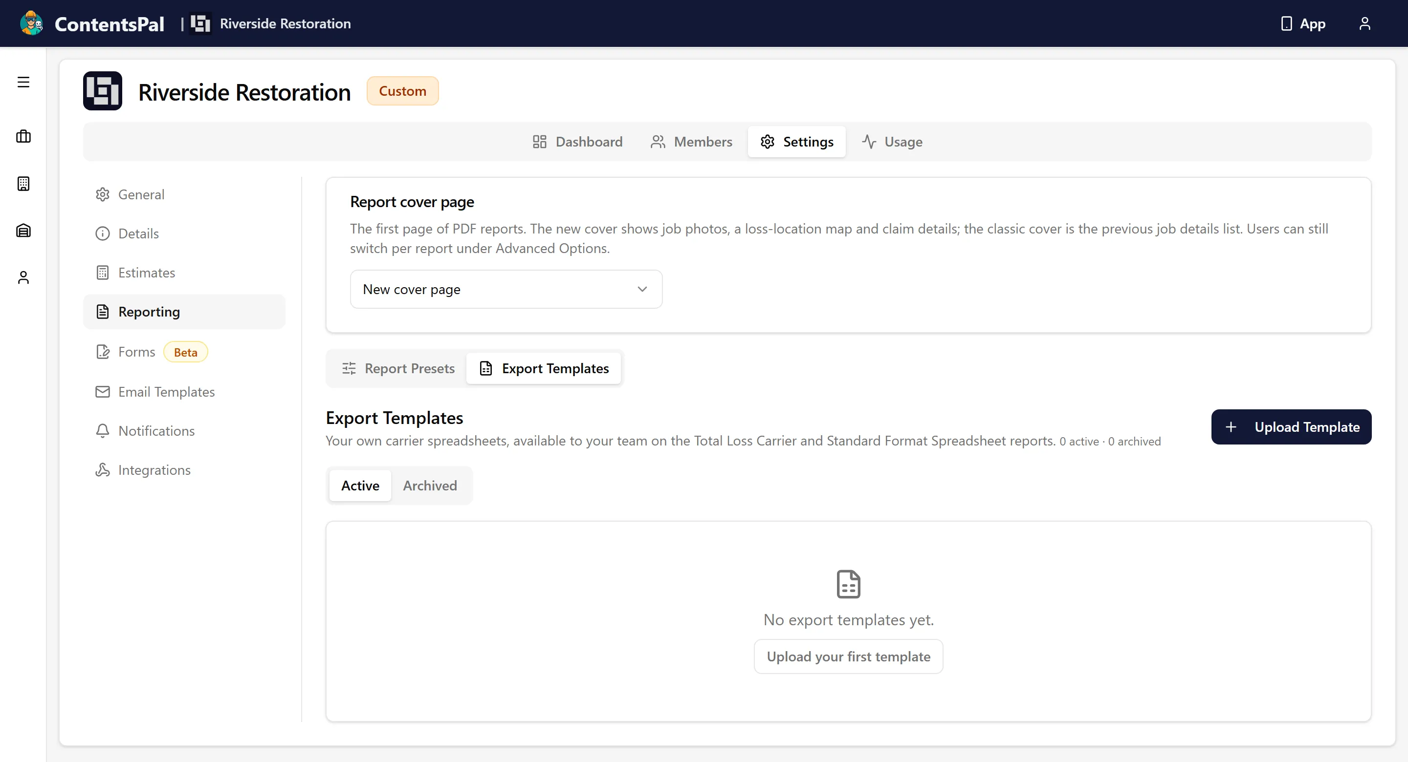 The Export Templates tab under Organization Settings → Reporting