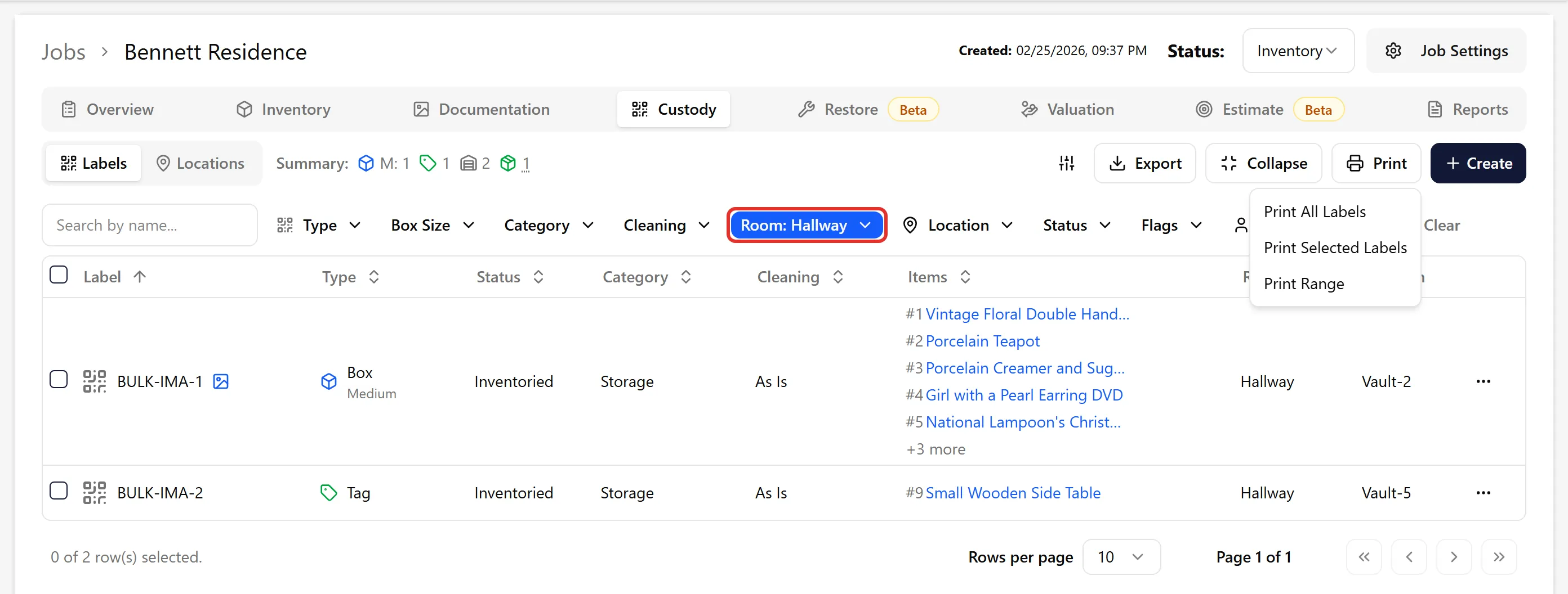 Filtered custody view by room
