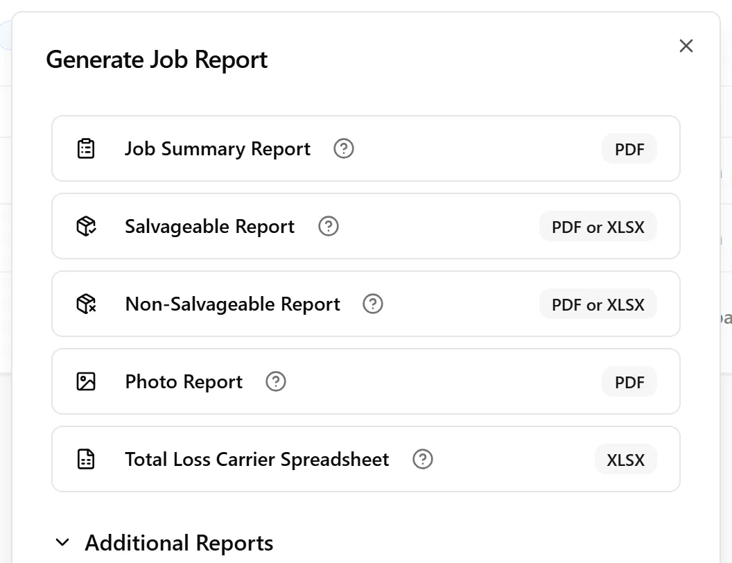 The Generate Job Report dialog