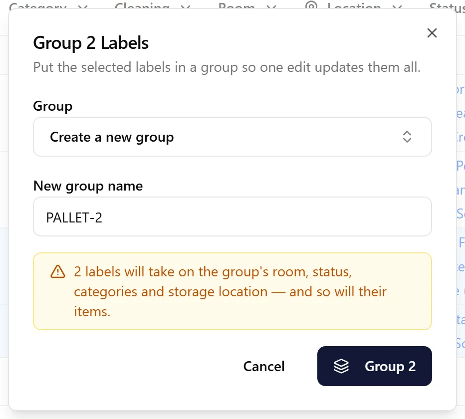 Group Labels dialog with a new group name