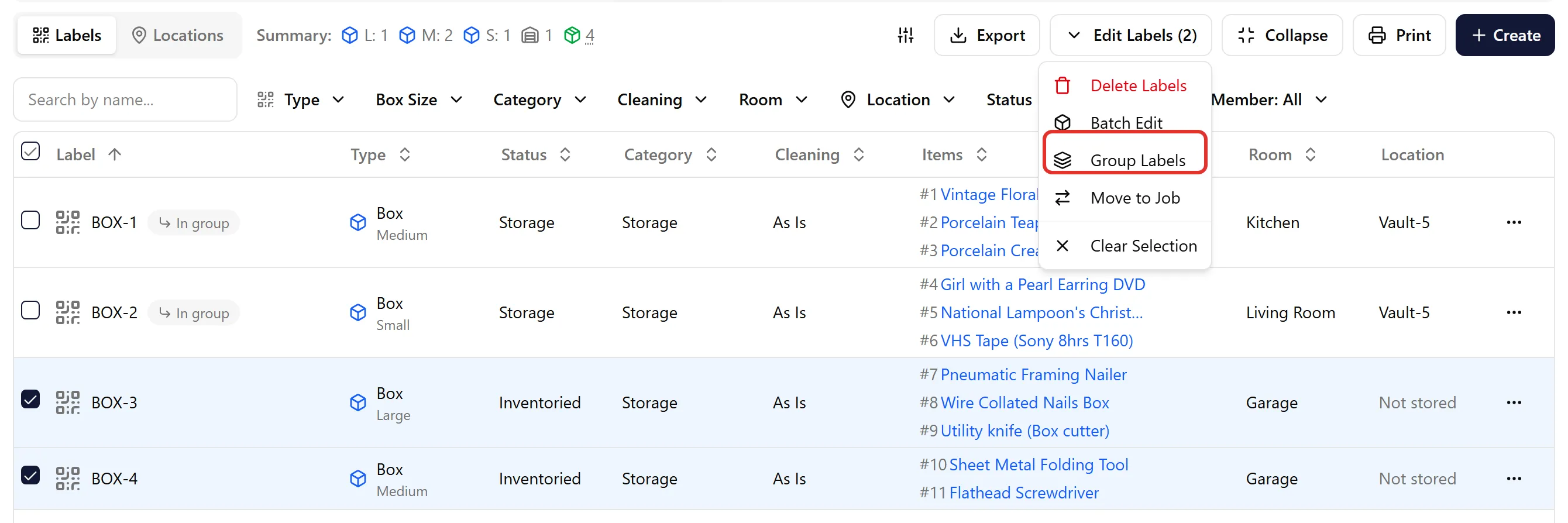 Edit Labels menu with Group Labels