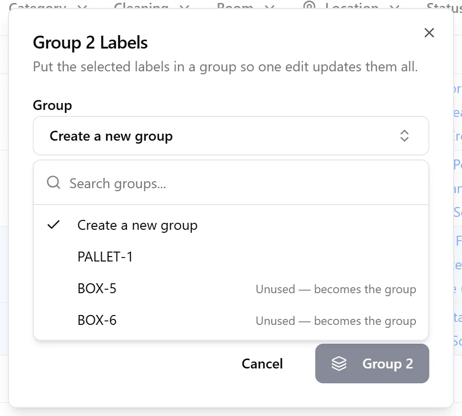 Group picker showing a new group, an existing group, and unused labels