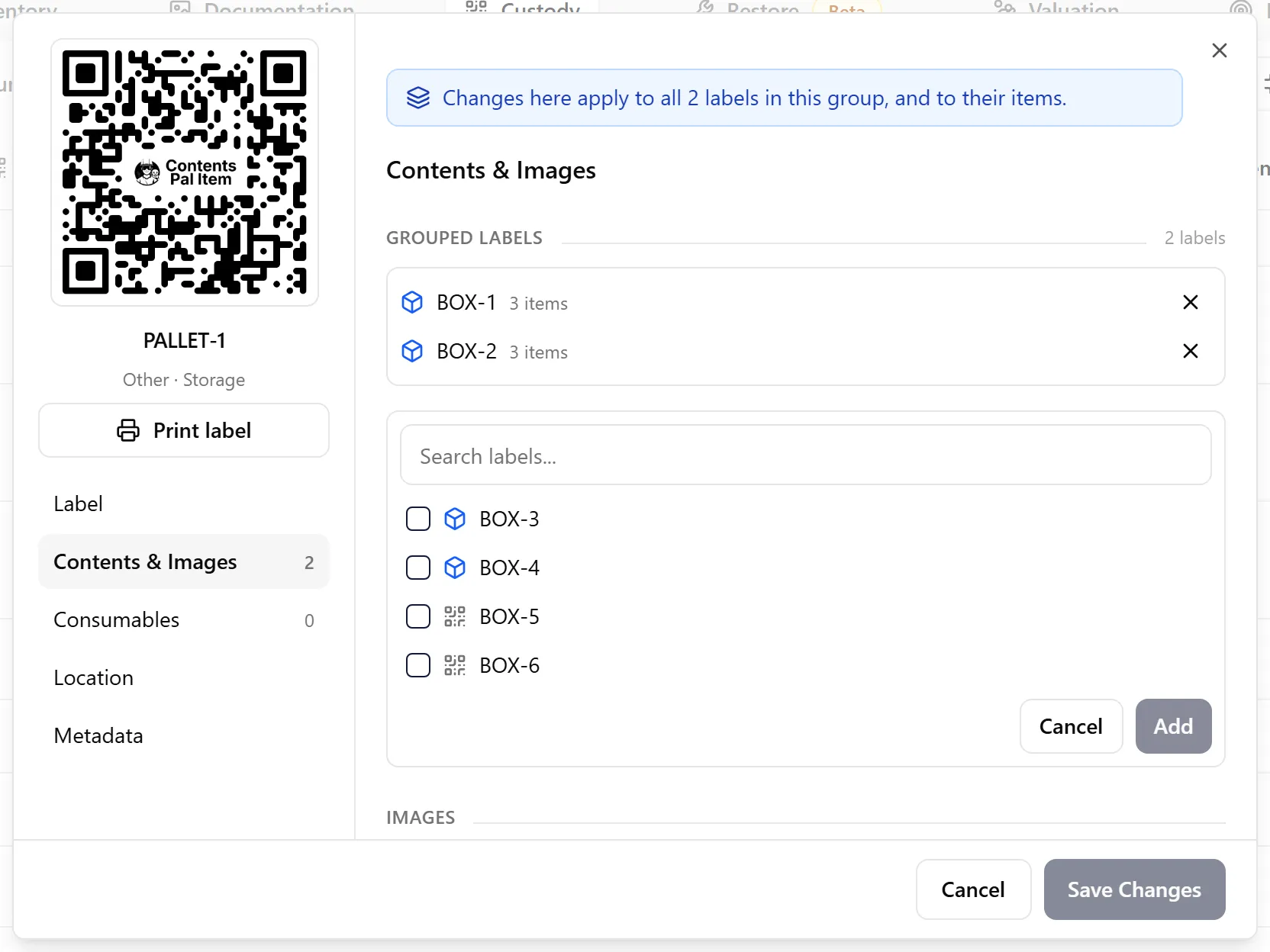 Grouped labels tab with the Add labels picker