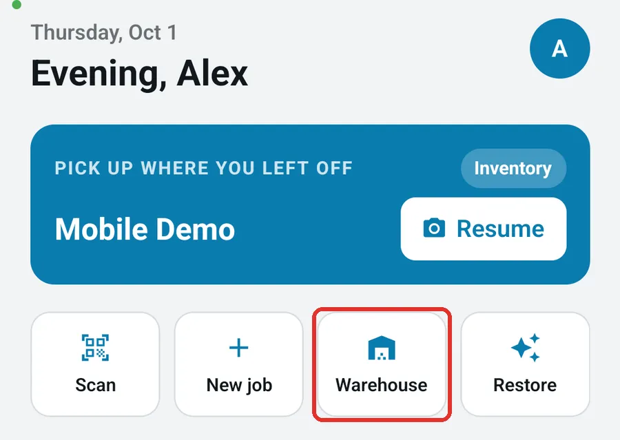 Home with the Warehouse tile in the shortcut row