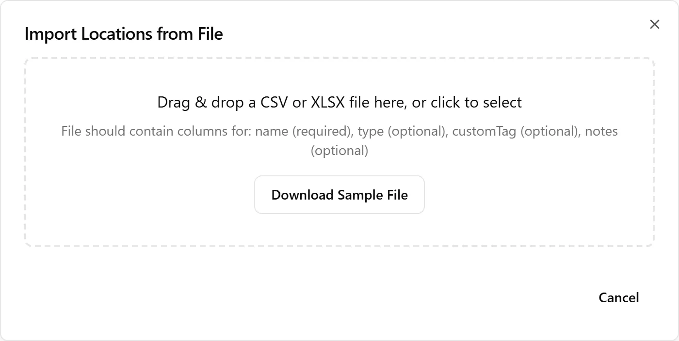 The Import Locations from File dialog with the drop area and the Download Sample File button