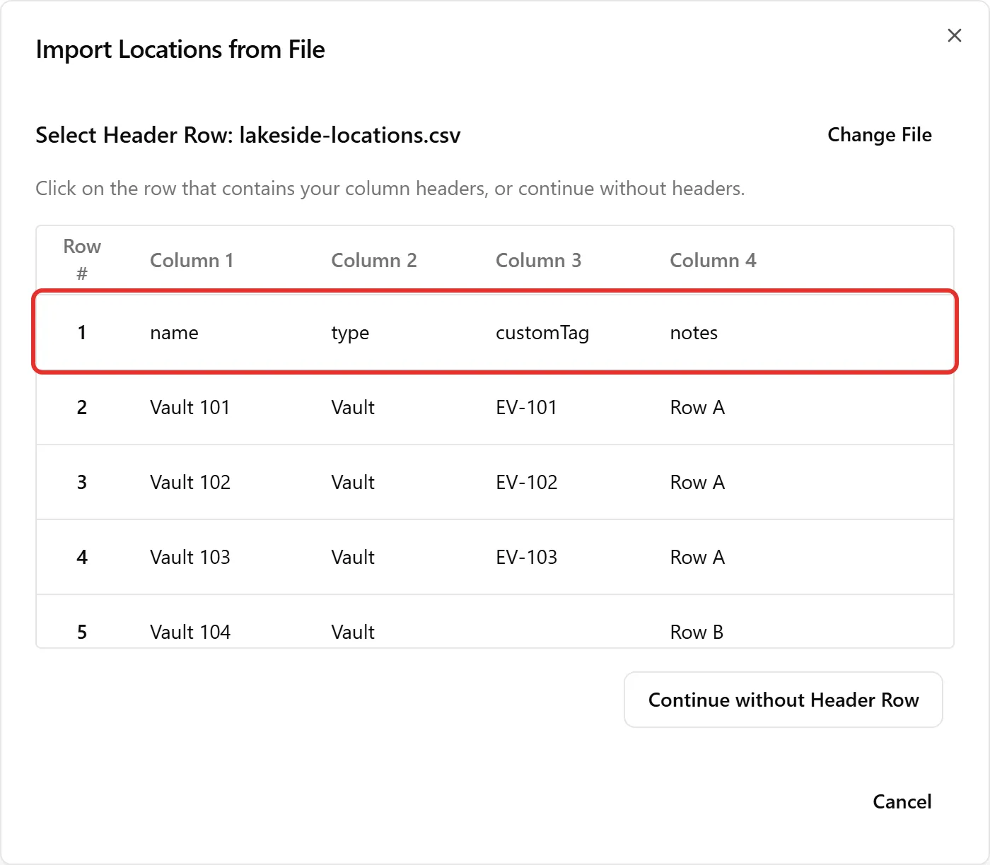 Selecting the header row of the file in the import dialog