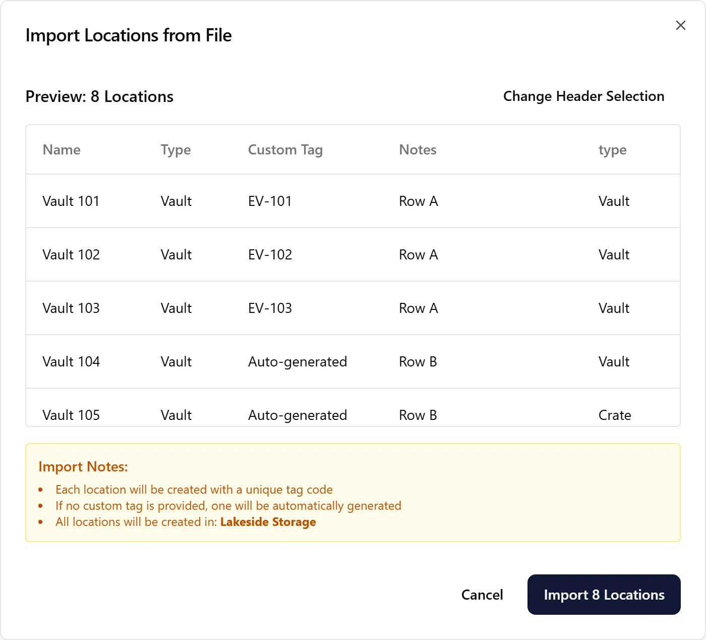 The import preview listing the locations to be created, with their types and custom tags