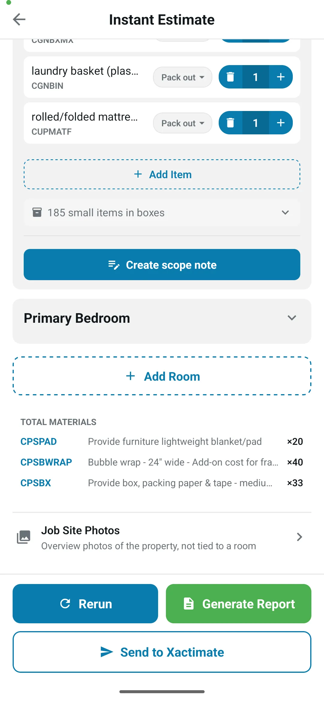 Total materials with the Rerun, Generate Report and Send to Xactimate buttons
