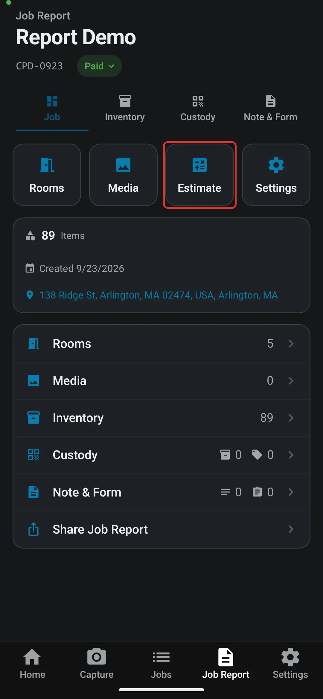 Estimate tile on the Job Reportâs Job tab