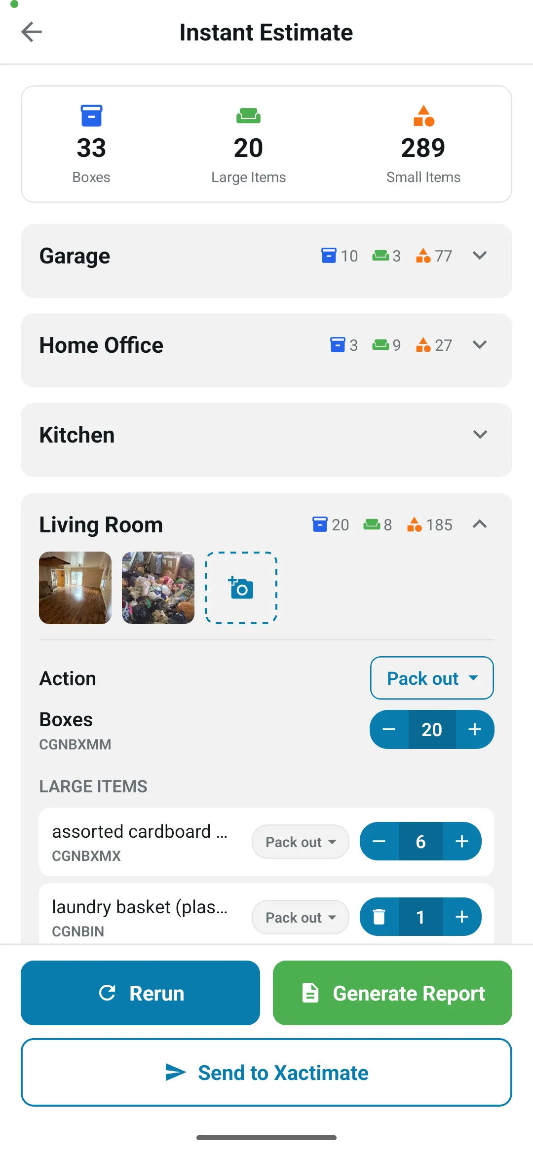 Instant Estimate results with a room-by-room breakdown