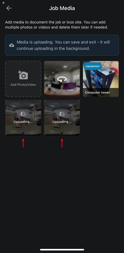 Job Media gallery with 360 photos uploading
