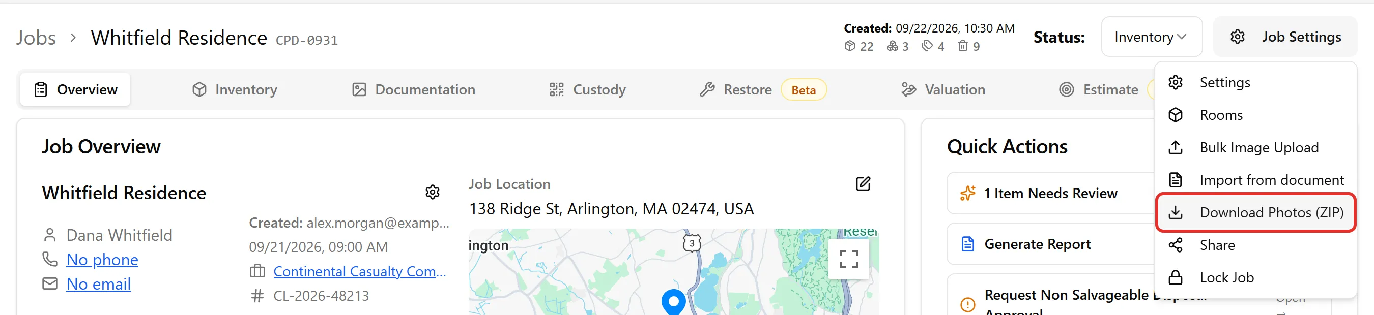 Job Settings menu with Download Photos (ZIP) highlighted