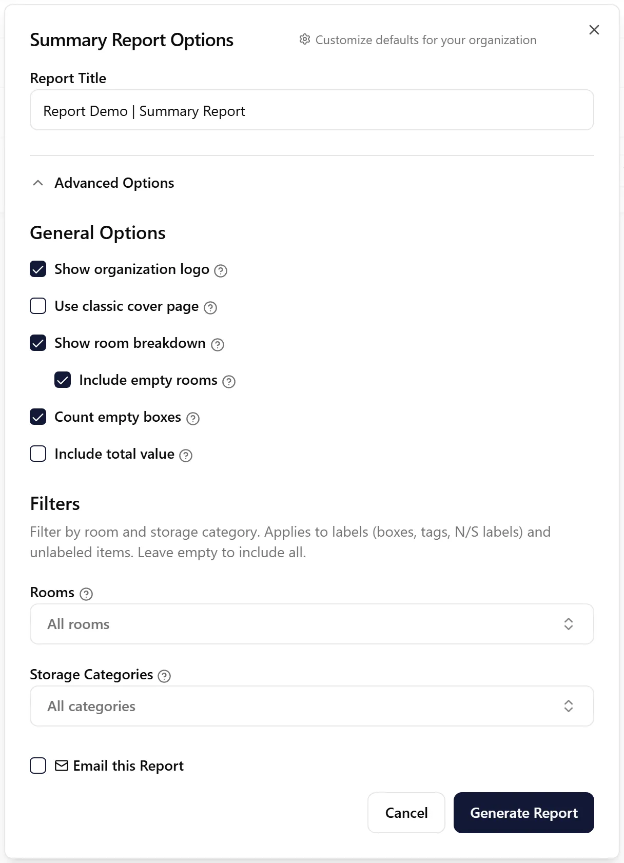 Job Summary Report options dialog