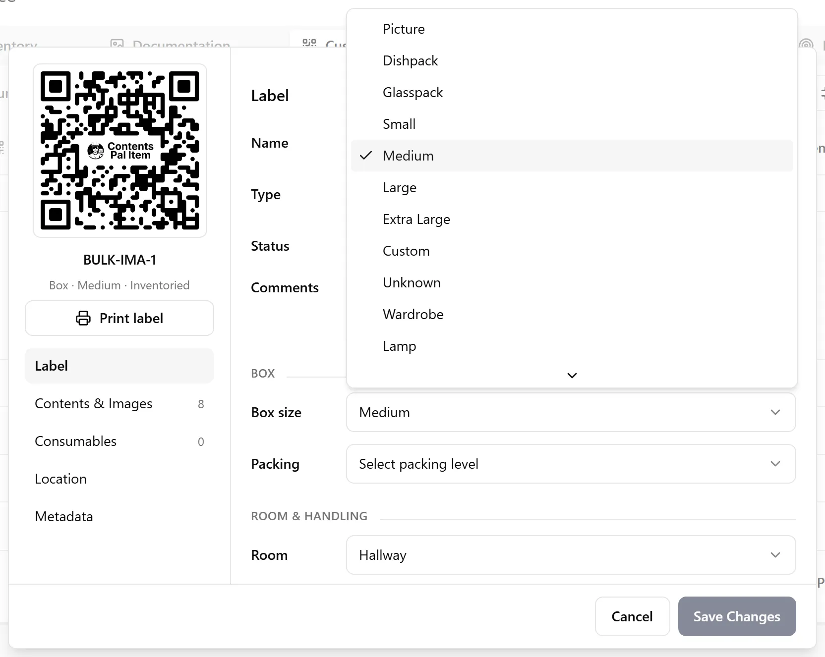 Label details - box settings