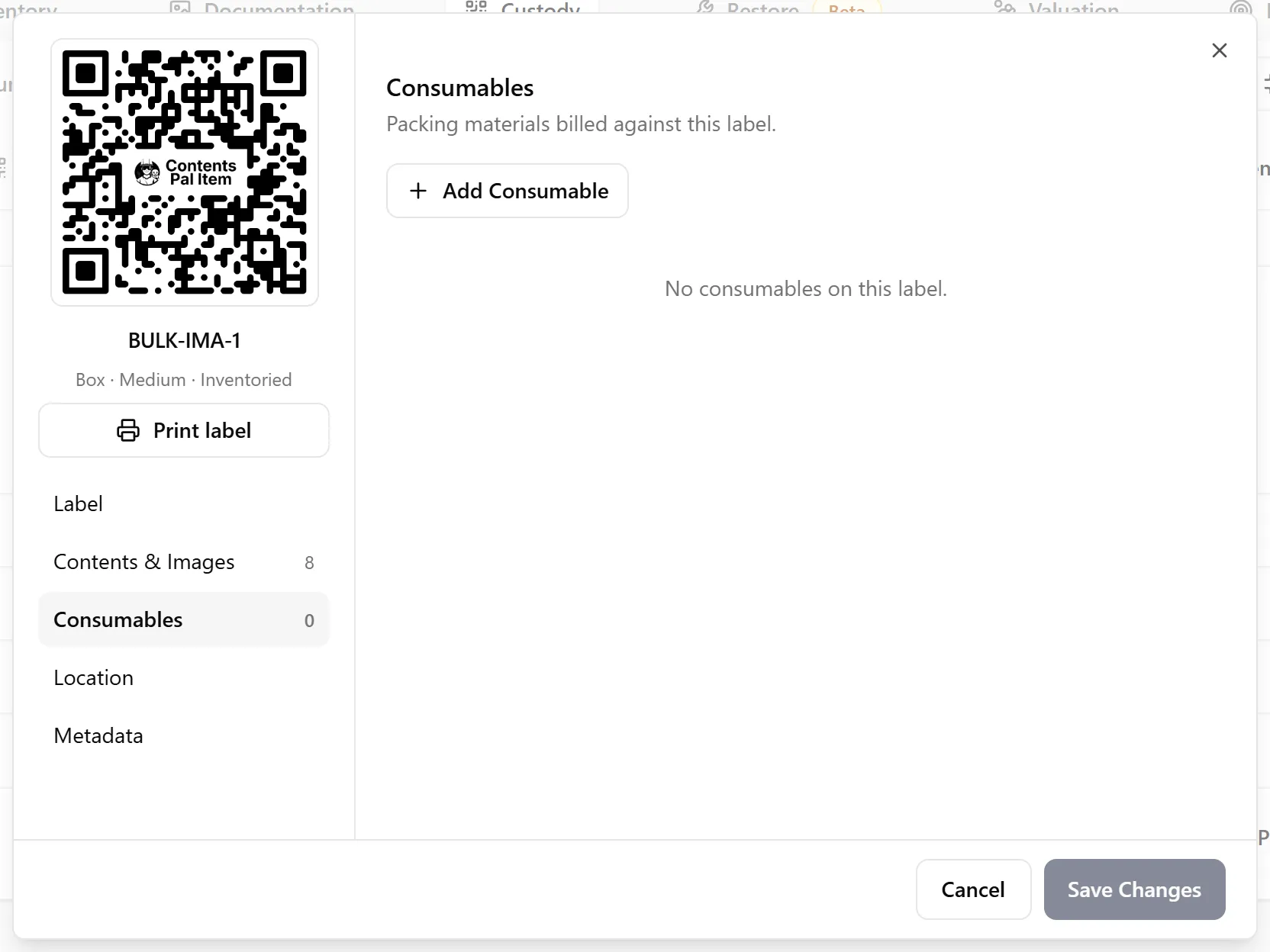Label details - Consumables tab