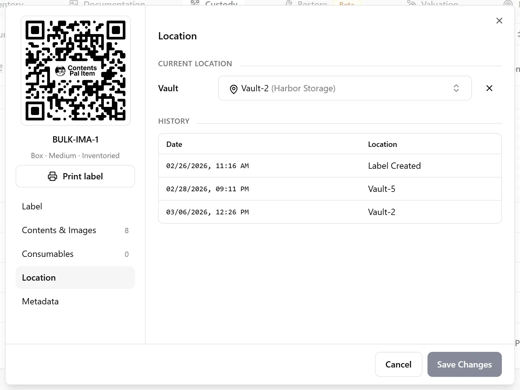 Label details - Location tab