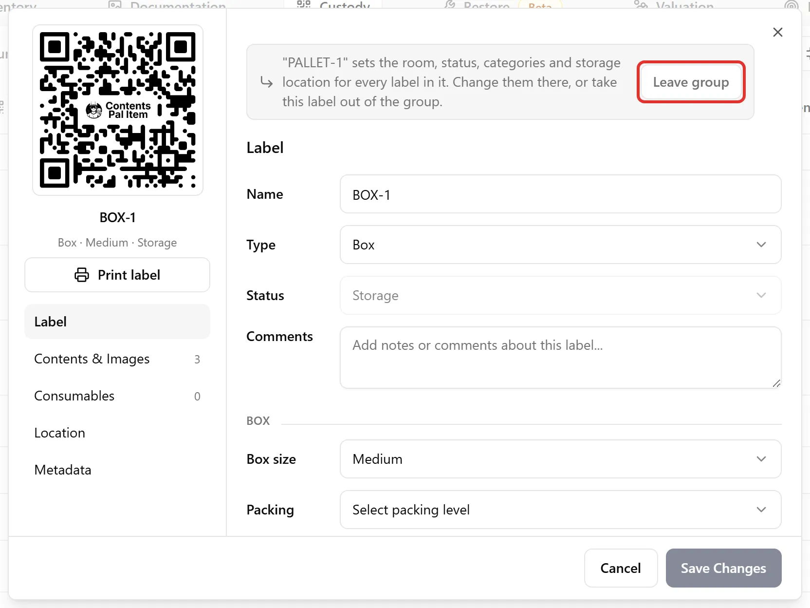 A label inside a group, with the Leave group button