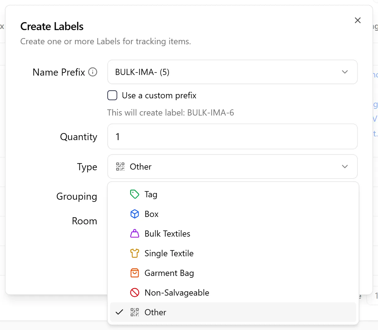 Label type options