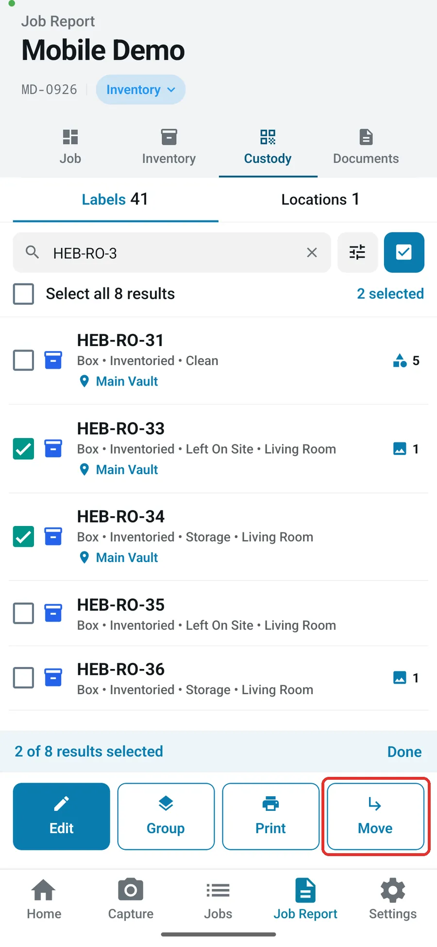 The Custody tab on mobile with labels selected and the Move button